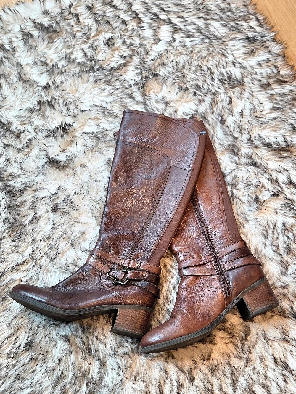 Marc Fisher Brown Leather Riding Tall Block Heeled Boots